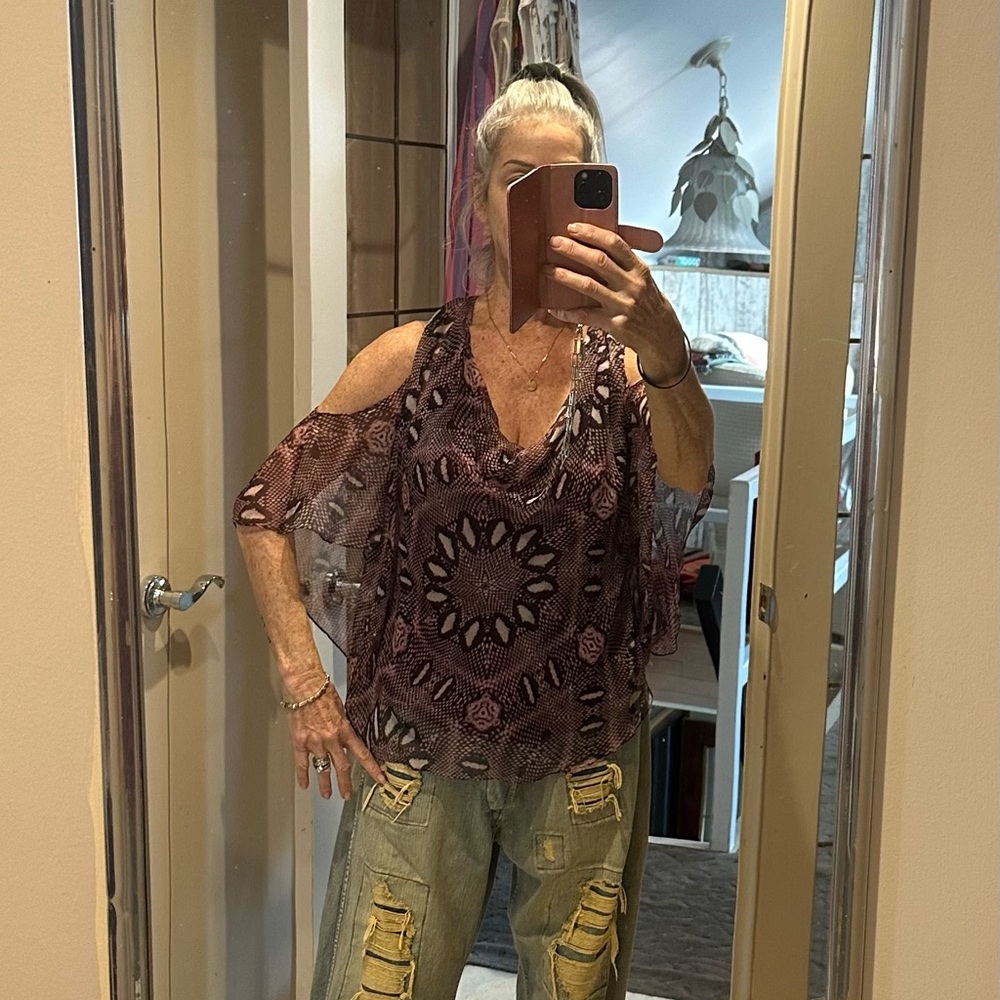 Haute Hippie sleeveless or Cold Shoulder Top - Purple and Black Pattern